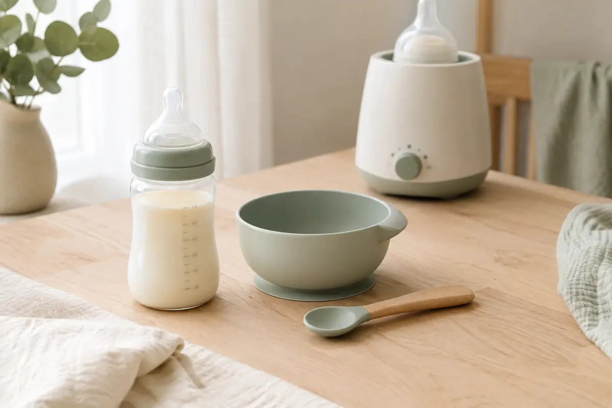 Biberon, bol et accessoires de repas pour bébé sur une table claire