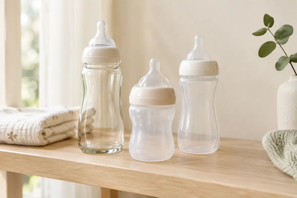 Biberons en verre et transparents présentés sur une étagère claire