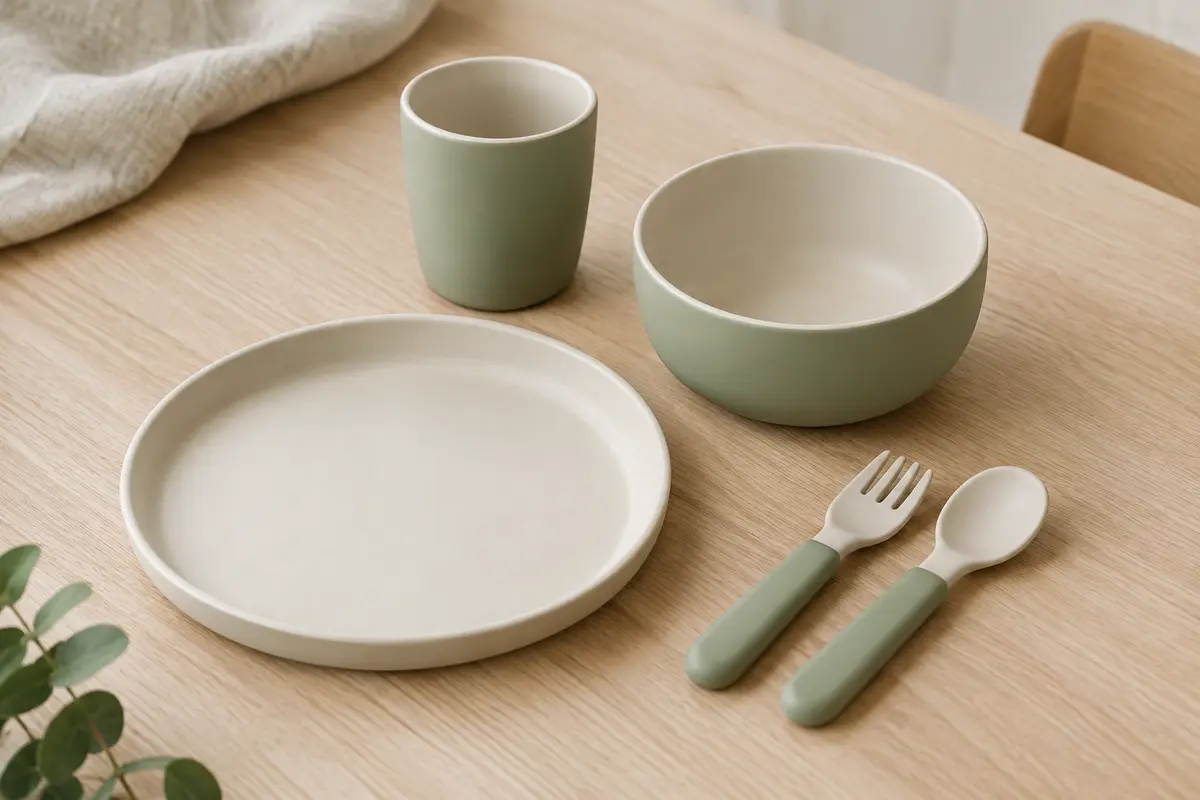 Assiette, bol, gobelet et couverts pour bébé sur une table claire