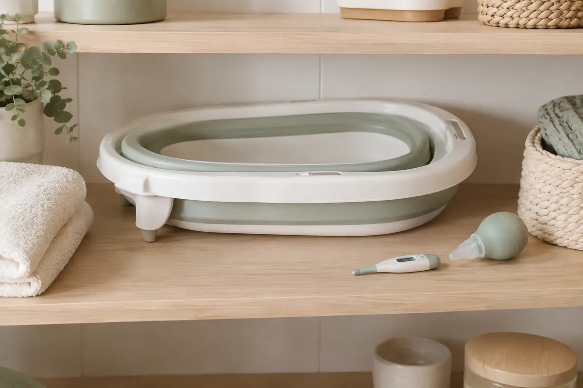 Baignoire bébé et accessoires d’hygiène rangés dans une salle de bain claire