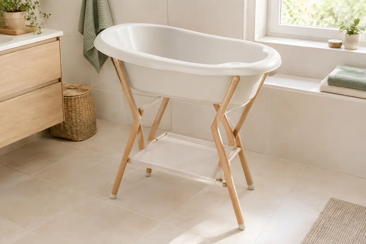 Baignoire bébé vide et support présentés dans une salle de bain claire