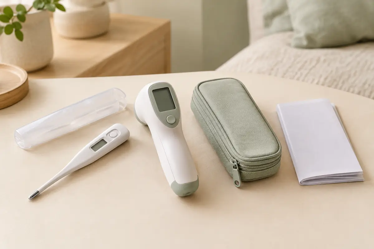 Thermomètres pour bébé et étui présentés sur une surface claire