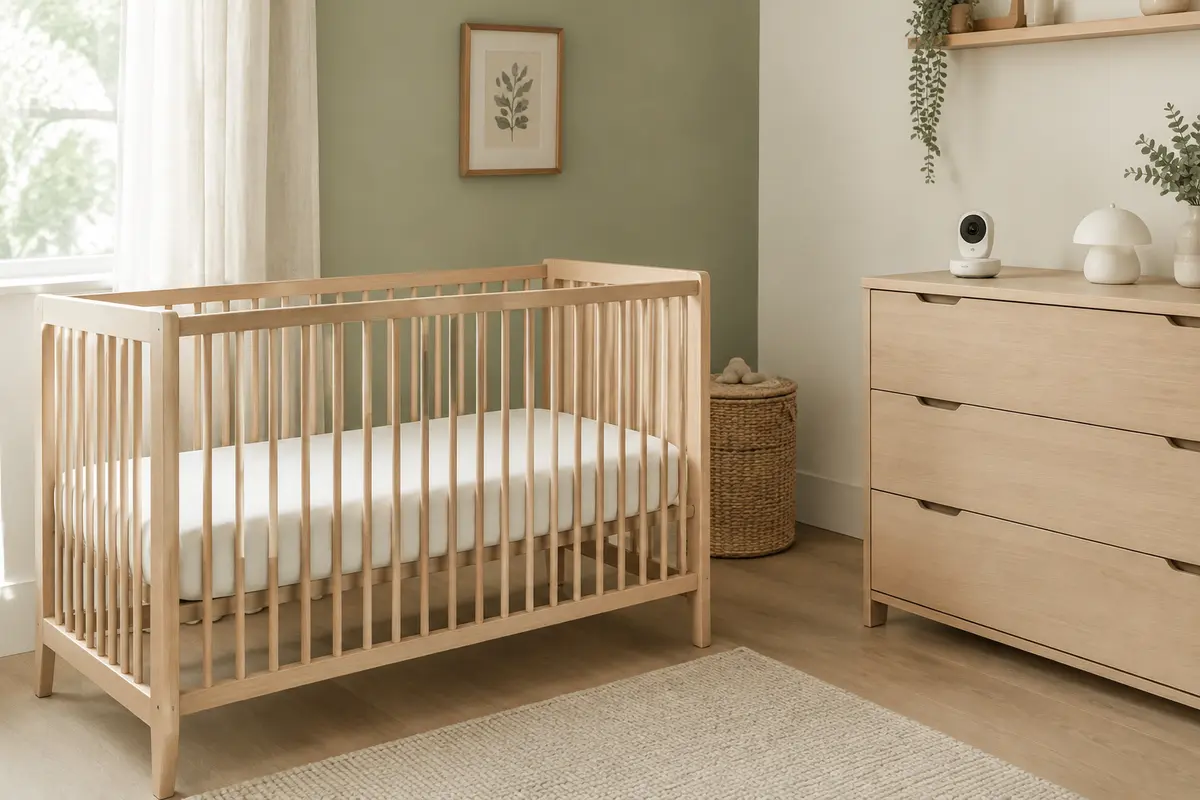 Lit bébé et équipements de chambre dans un décor clair et apaisant