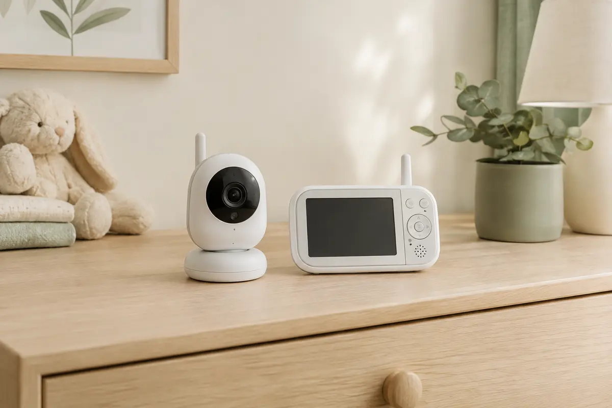 Babyphone audio et écran de surveillance posés sur une commode claire