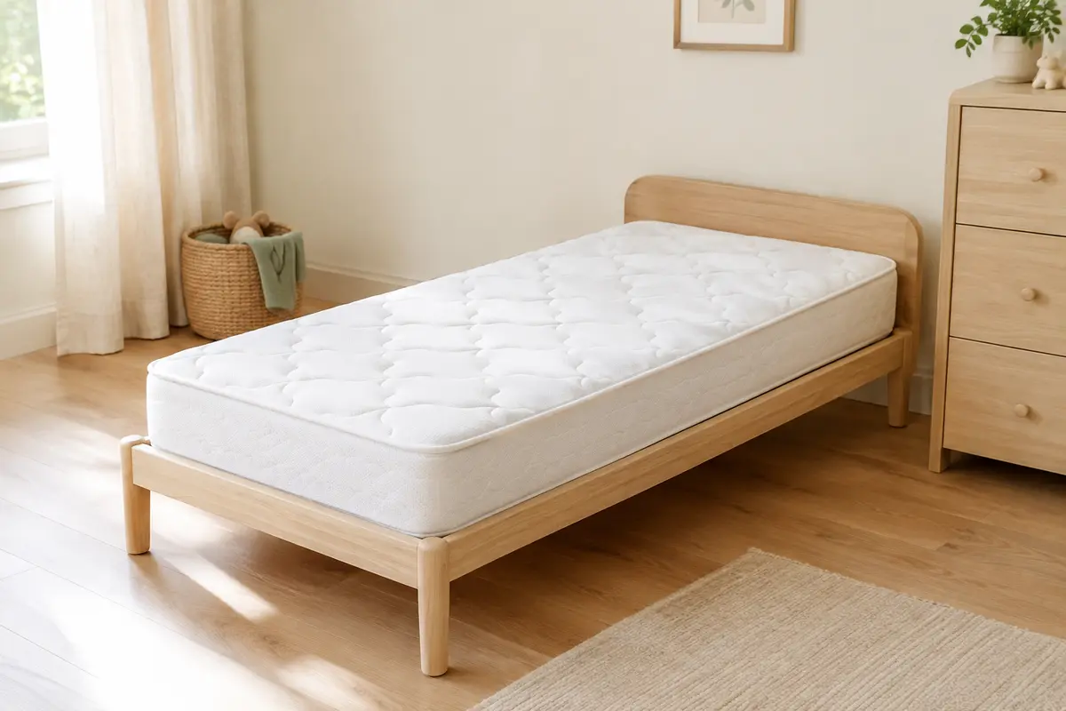 Matelas bébé nu posé sur un sommier dans une chambre lumineuse