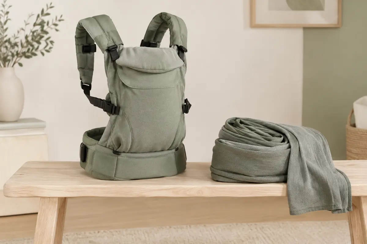 Porte-bébé et écharpe de portage pliée sur un banc en bois clair