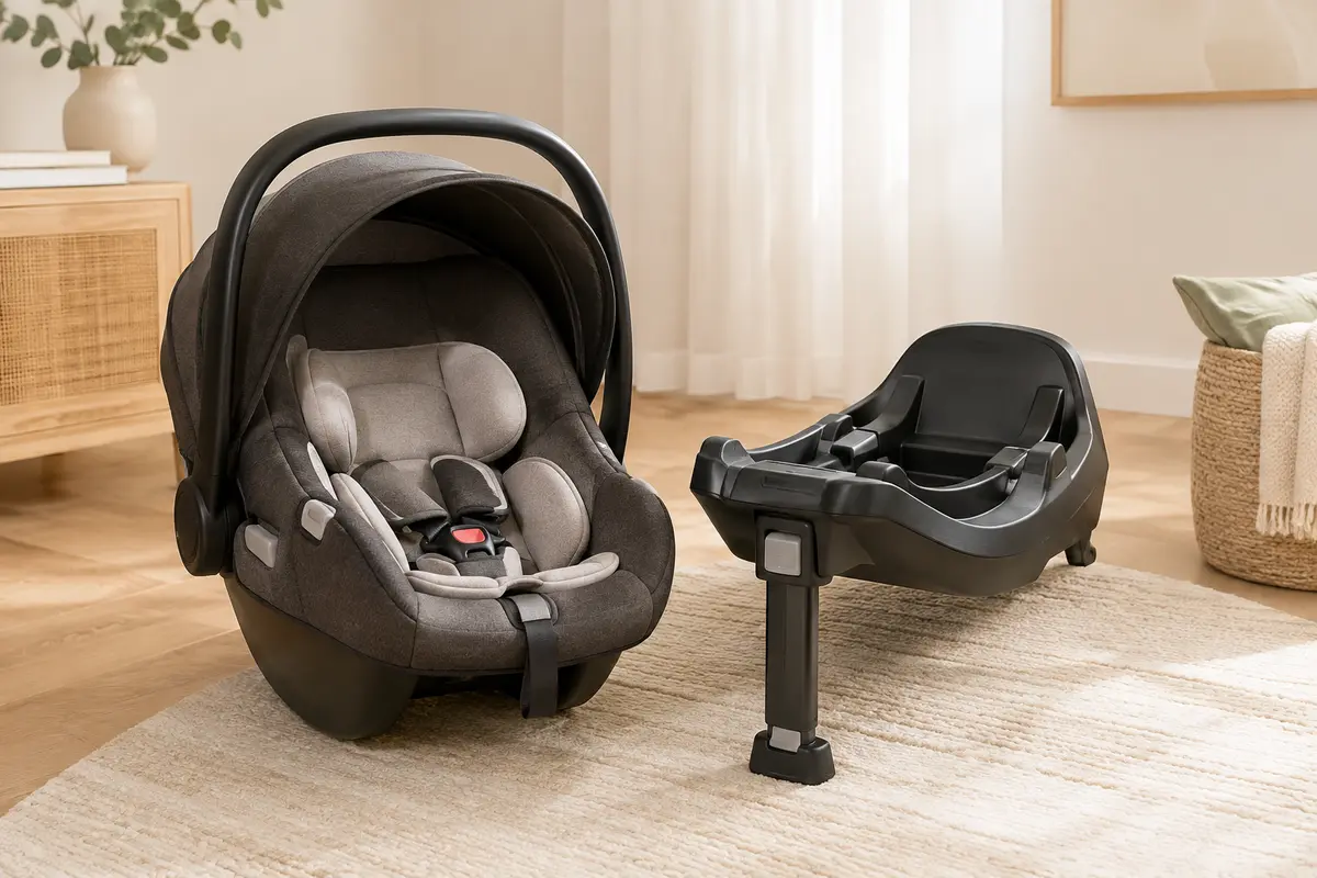Siège auto bébé et base présentés seuls dans un intérieur lumineux