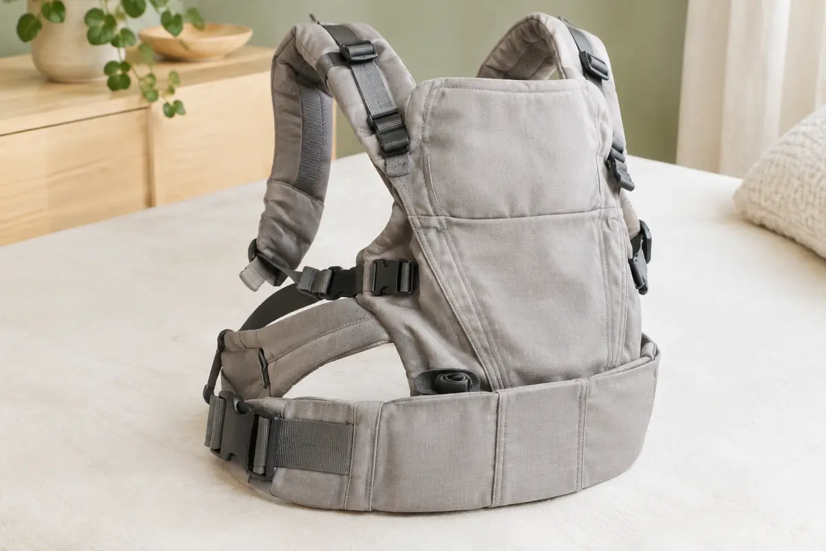 Porte-bébé préformé posé à plat, avec ceinture, bretelles, boucles et sangles de réglage visibles