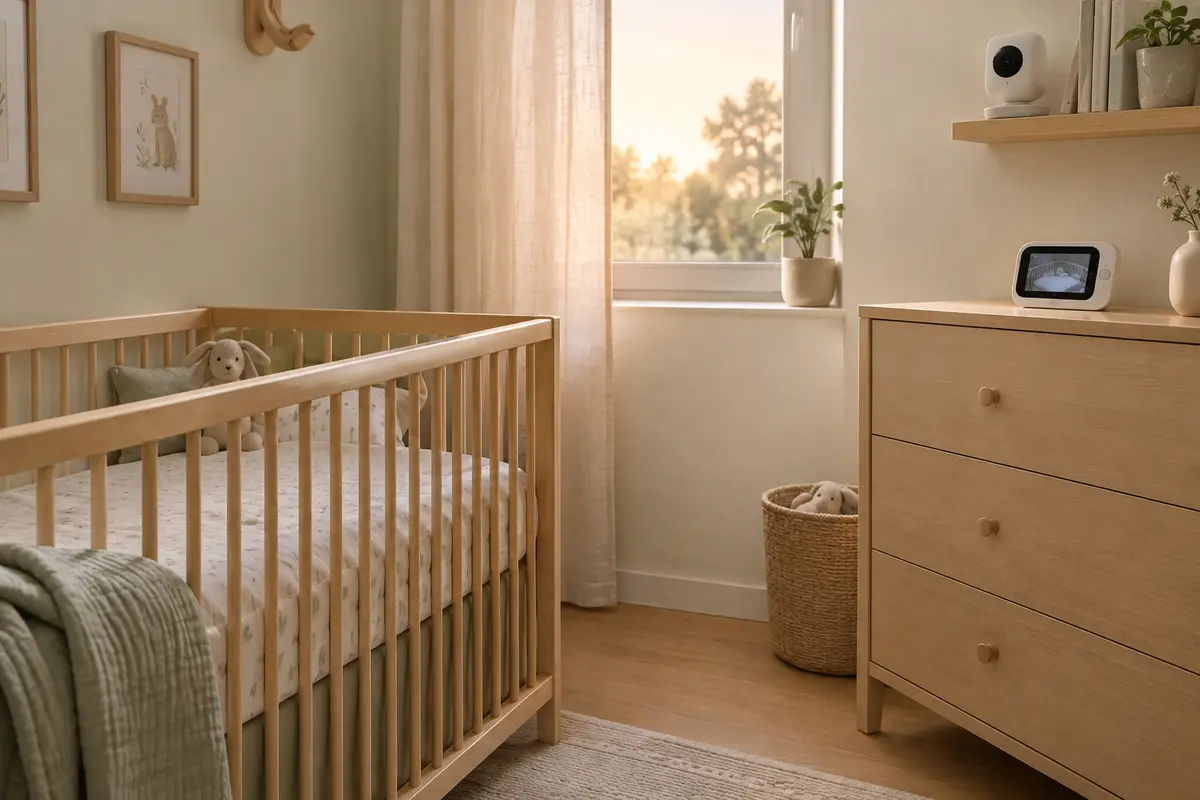 Babyphone vidéo et moniteur audio installés à distance du lit dans une chambre de bébé