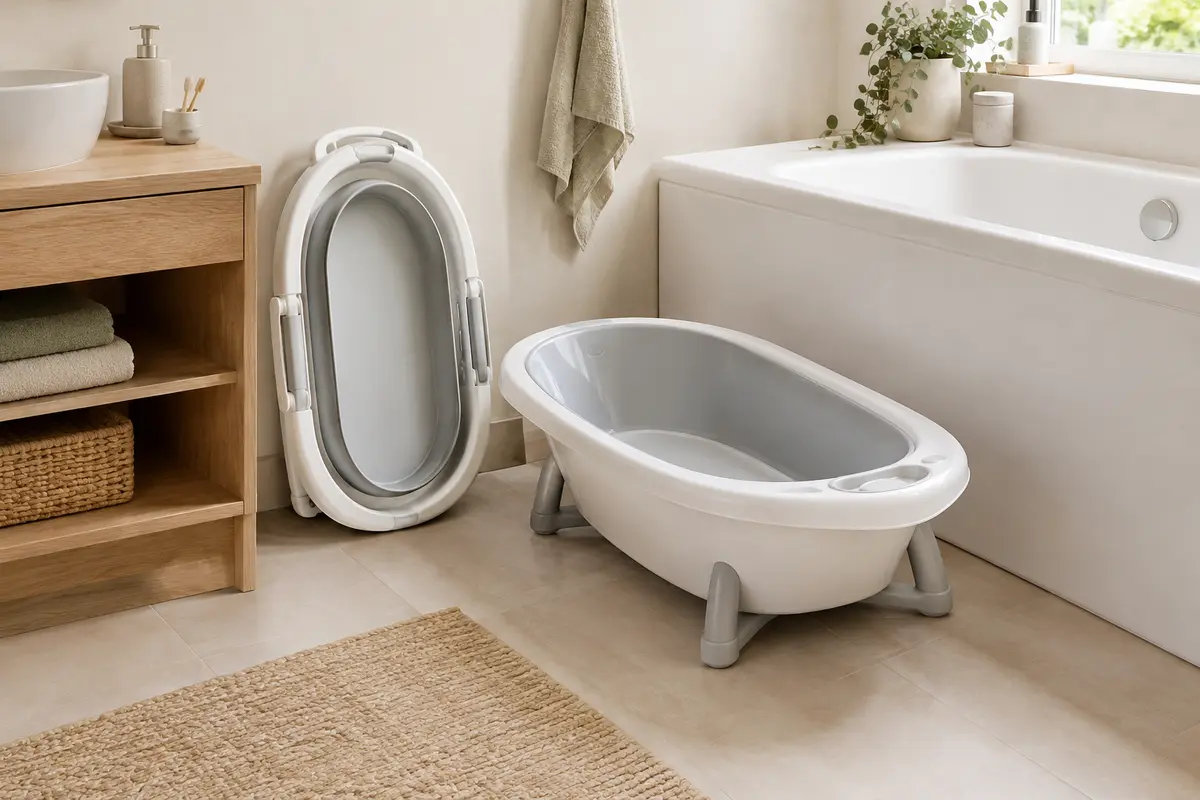 Baignoire bébé pliable rangée près d’un modèle rigide dans une salle de bains claire