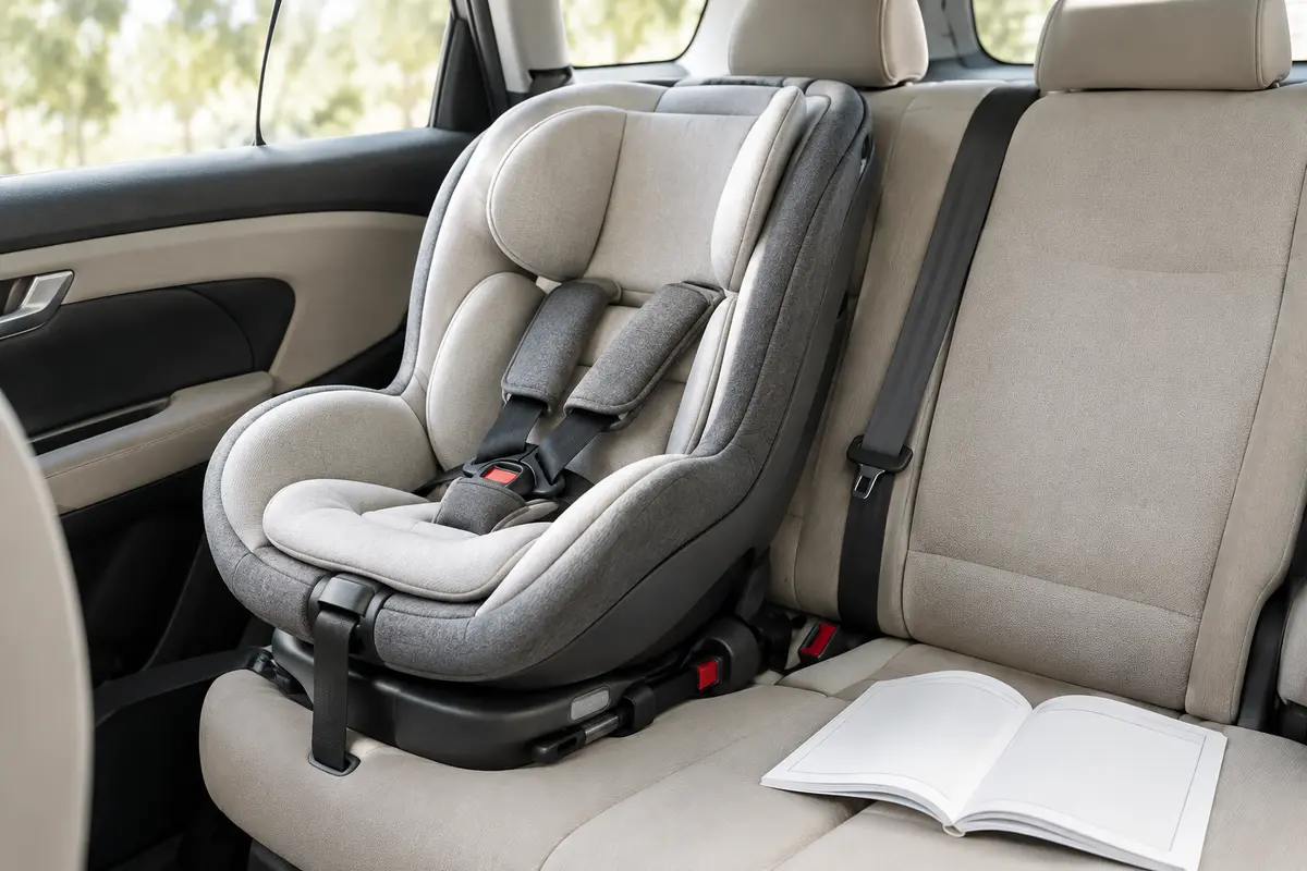 Siège auto bébé installé sur une banquette arrière, avec la notice du véhicule posée à côté