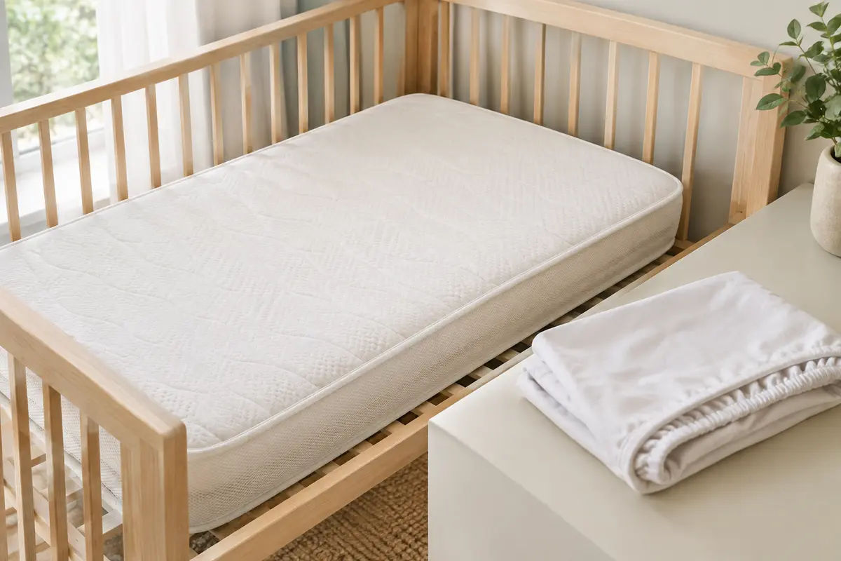 Matelas de bébé propre avec sa housse retirée et pliée à proximité dans une pièce lumineuse.