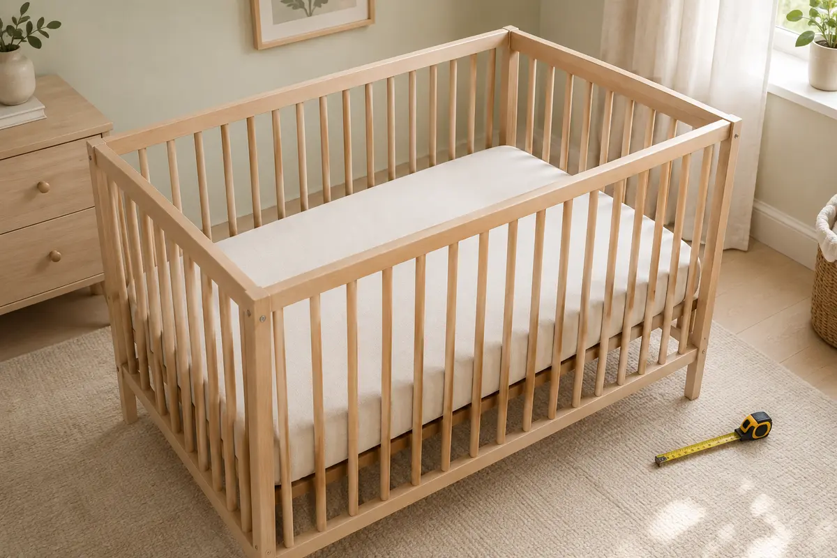 Lit à barreaux vide avec un matelas posé à plat et un mètre ruban à proximité