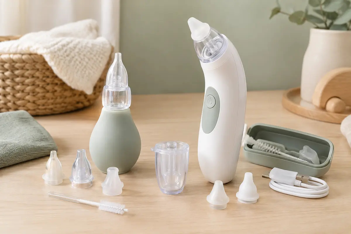 Mouche-bébés manuel et électrique avec embouts et accessoires disposés sur une surface propre