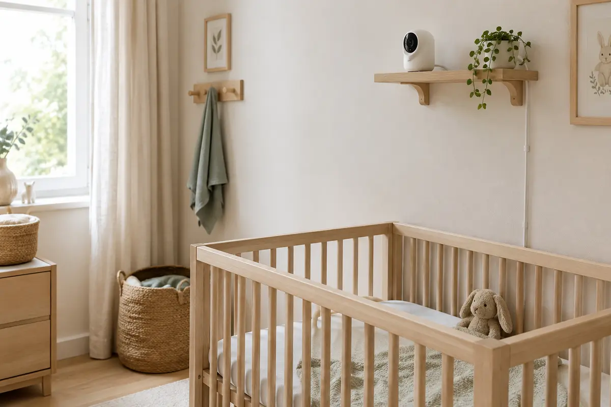 Babyphone installé sur une étagère stable, câble fixé au mur et appareil éloigné du lit de bébé
