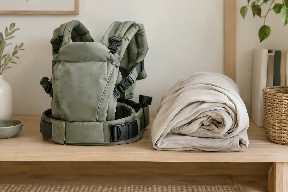 Porte-bébé préformé avec ses sangles et écharpe de portage pliée côte à côte