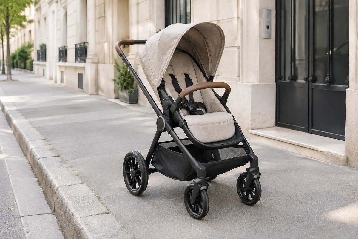 Poussette citadine vide sur un trottoir, avec ses roues et son panier de rangement visibles