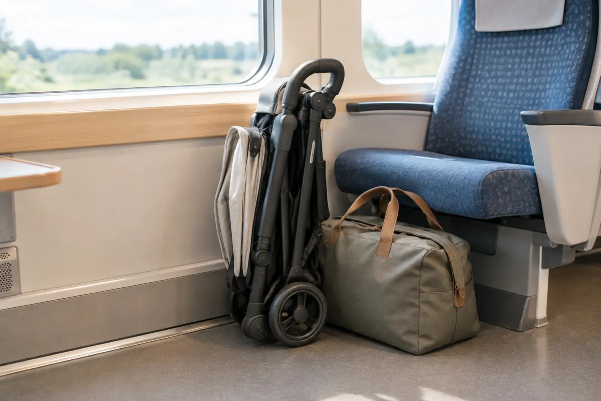 Poussette compacte pliée près d’un siège dans un train, avec un sac rangé à côté
