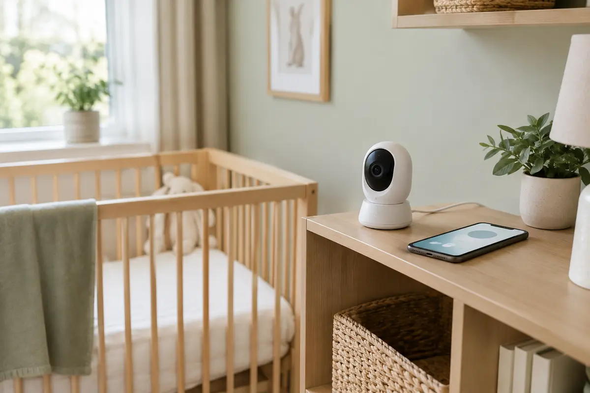 Babyphone connecté posé hors de portée près d’un lit de bébé, avec son câble fixé à distance du couchage