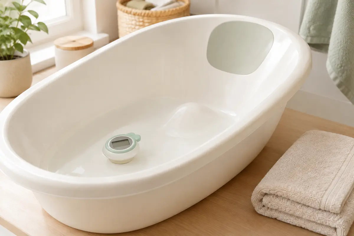Thermomètre numérique flottant dans une baignoire pour bébé vide, prêt à contrôler l’eau du bain.