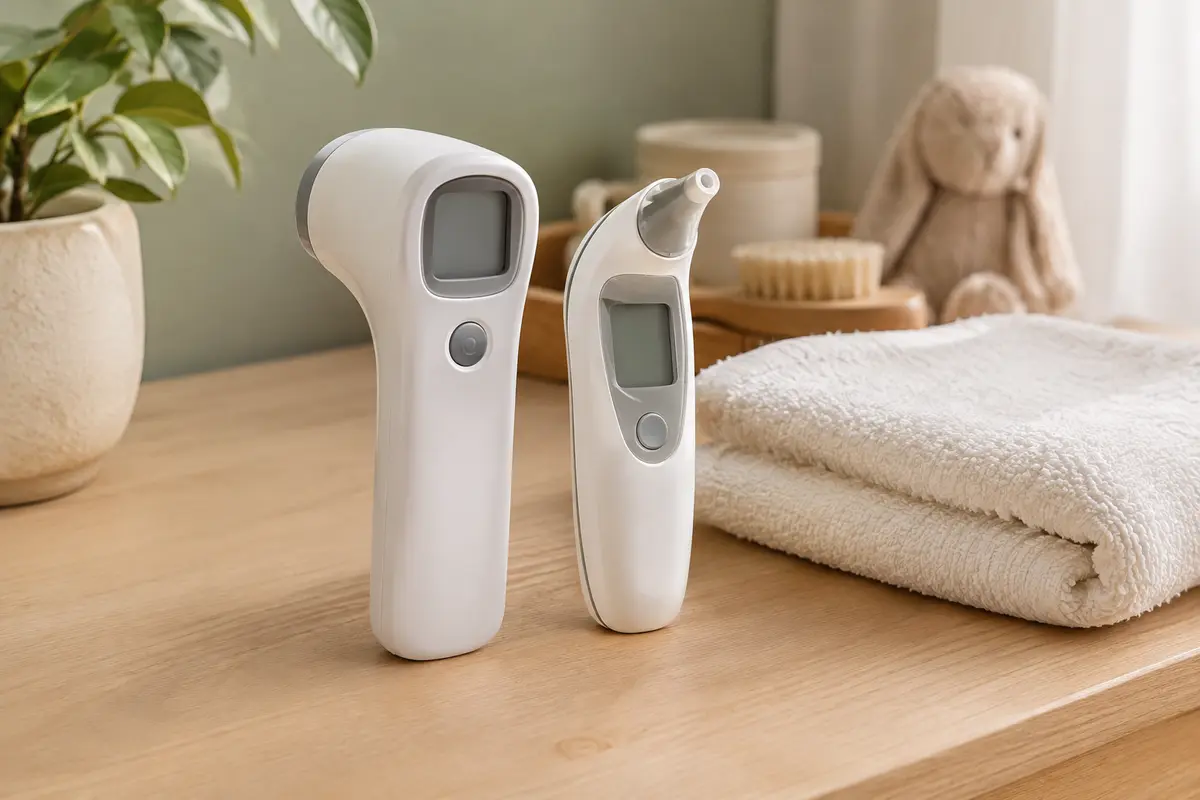 Thermomètres frontal sans contact et auriculaire posés côte à côte sur une surface claire.