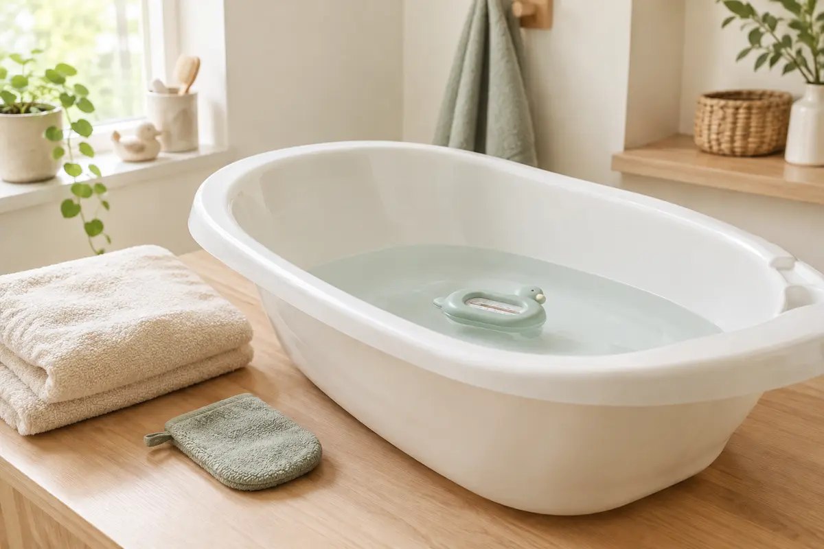 Thermomètre flottant dans une baignoire bébé, avec une serviette et un gant de toilette à proximité