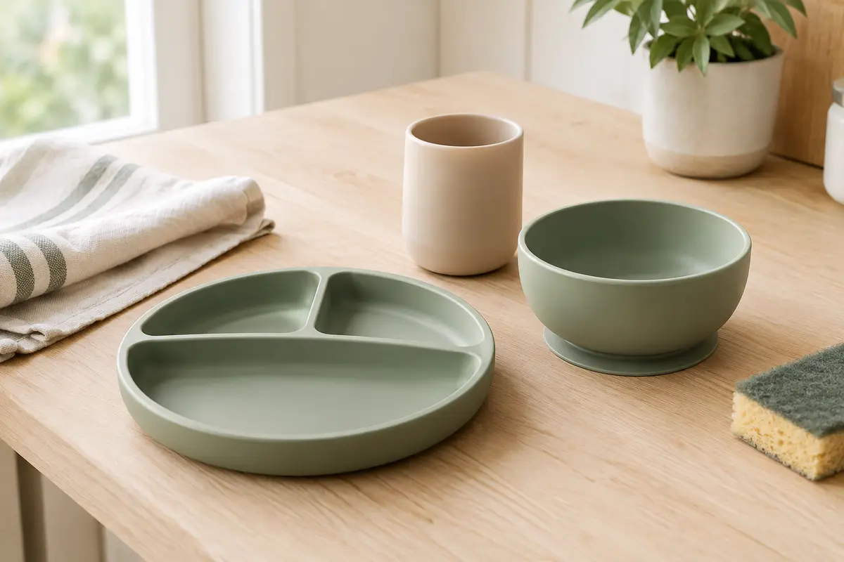Assiette compartimentée, bol et gobelet pour bébé disposés près d’un torchon de cuisine