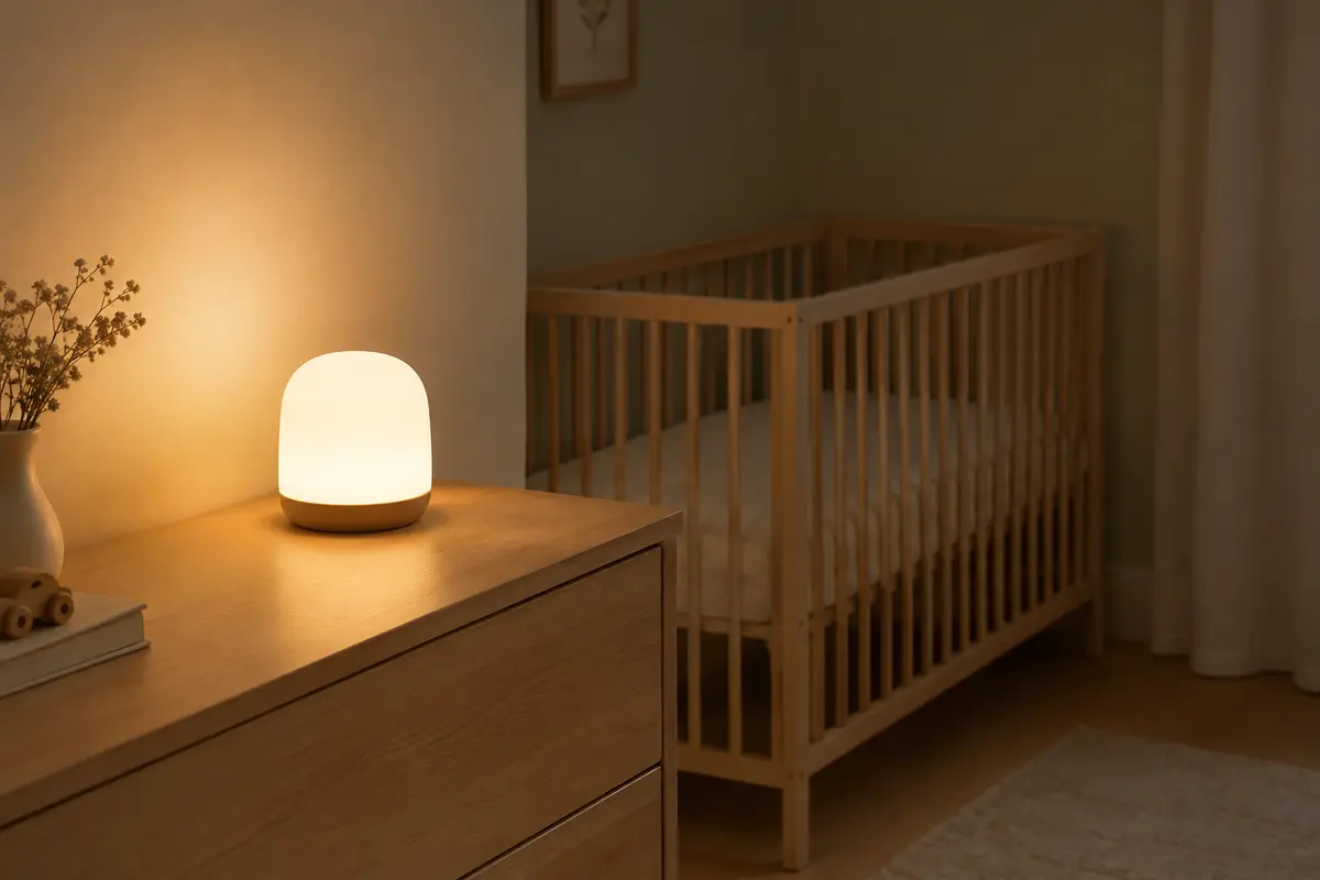 Veilleuse posée sur une commode stable, éclairant doucement un mur dans une chambre de bébé vide