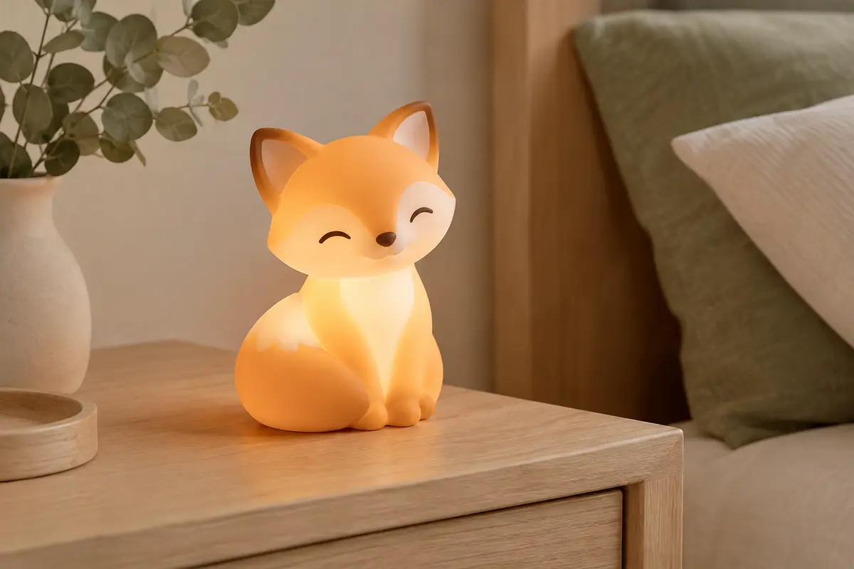 Veilleuse rechargeable en silicone en forme de renard, allumée sur une table de chevet en bois clair.
