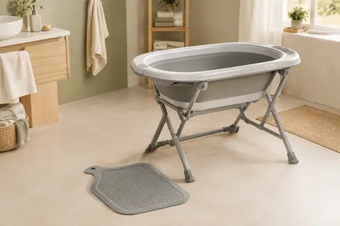 Baignoire bébé pliable grise avec support et tapis de bain, présentée dans une salle de bains lumineuse.