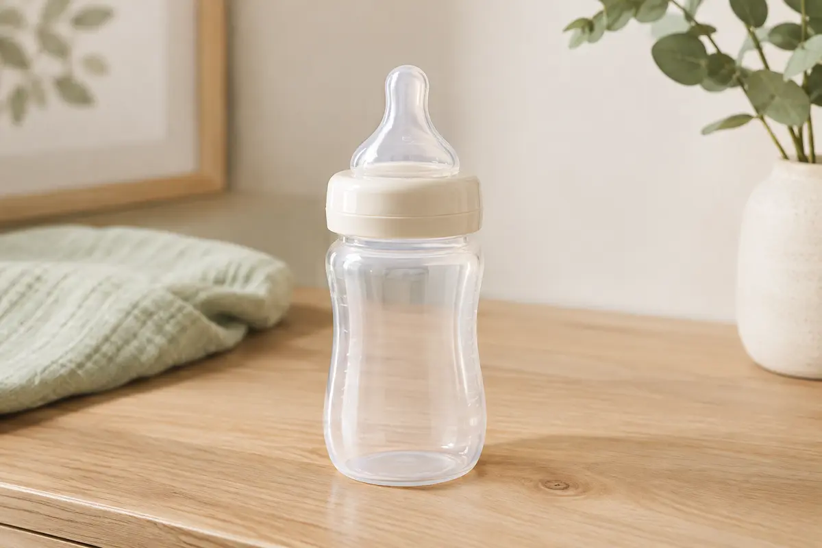 Biberon transparent de 125 ml avec tétine souple, posé sur une surface en bois clair