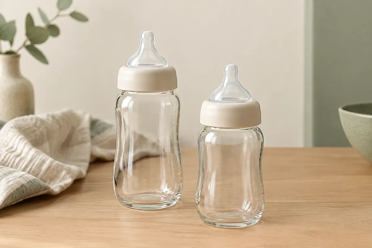 Deux biberons Avent en verre transparent de 240 ml avec leurs tétines en silicone, posés sur du bois clair.