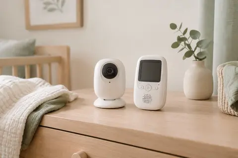 Deux unités blanches d’écoute-bébé audio présentées sur une commode en bois clair dans une chambre apaisée.