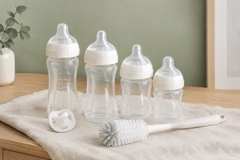 Kit Avent blanc avec quatre biberons Réponse Naturelle, une sucette ultra-douce et un goupillon