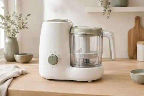 Robot cuiseur vapeur-mixeur Avent blanc présenté seul sur un plan de cuisine en bois clair