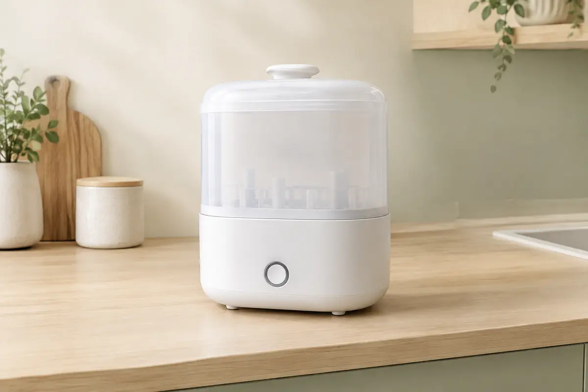 Stérilisateur électrique à vapeur blanc posé seul sur un plan de travail en bois clair