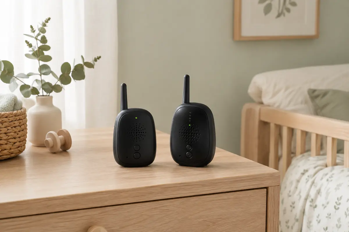 Babyphone audio noir composé de deux unités, posé sur une commode en bois clair dans une chambre apaisée