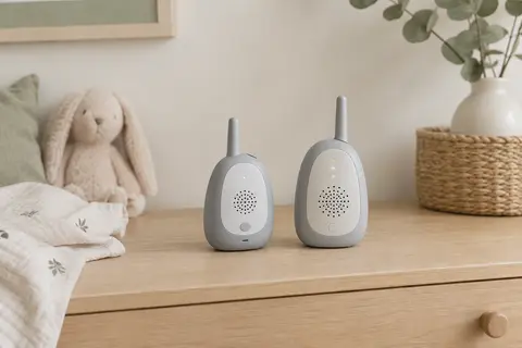 Deux boîtiers gris du babyphone audio Babymoov Simply Care posés sur une commode en bois clair.