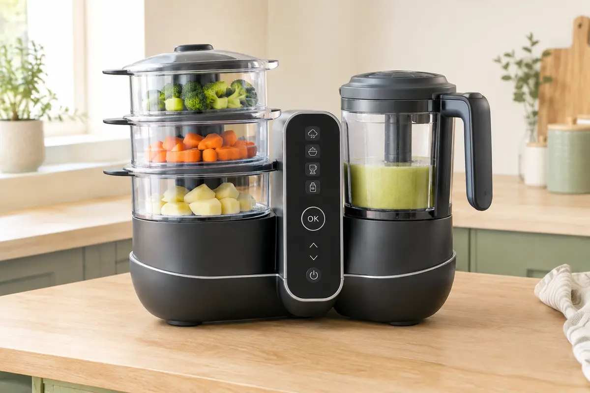 Robot cuiseur mixeur Babymoov Nutribaby(+) XL noir avec ses paniers vapeur dans une cuisine claire