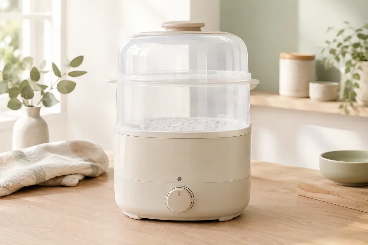 Stérilisateur électrique à vapeur beige Babyruf Olympia BS 29 posé sur un plan de travail en bois clair