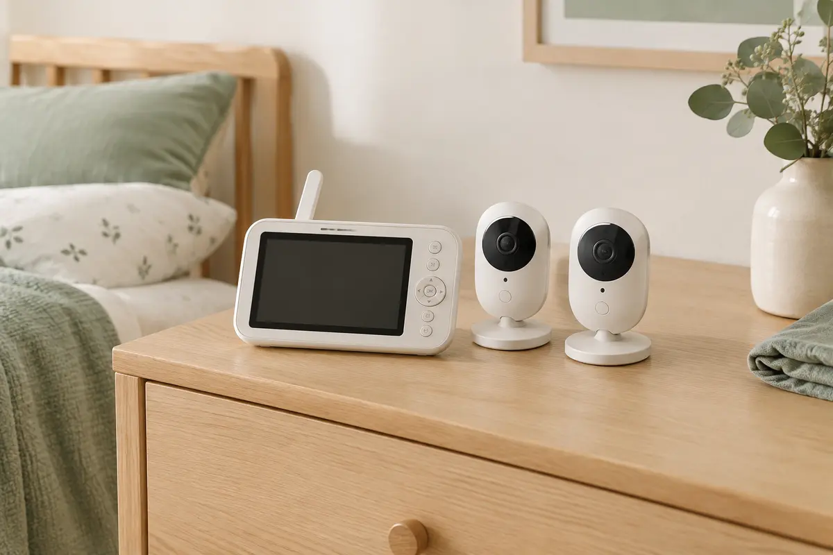 Moniteur vidéo Babysense avec écran partagé et deux caméras en plastique dans une chambre lumineuse.