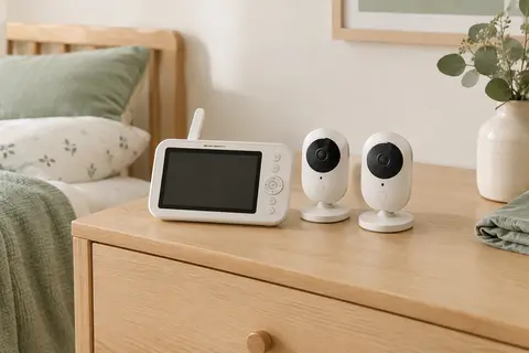 Moniteur vidéo Babysense avec écran partagé et deux caméras en plastique dans une chambre lumineuse.