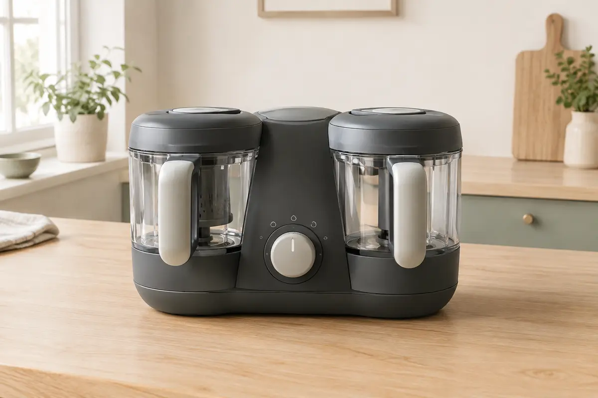 Robot cuiseur-mixeur Béaba Babycook Duo gris foncé avec ses deux bols dans une cuisine lumineuse