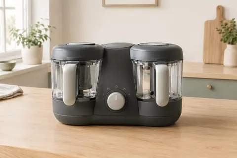 Robot cuiseur-mixeur Béaba Babycook Duo gris foncé avec ses deux bols dans une cuisine lumineuse