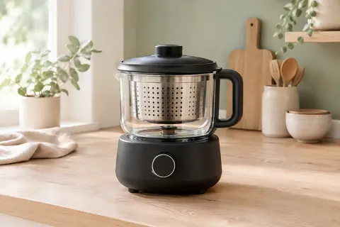 Robot cuiseur bébé noir avec bol en verre et panier en inox posé sur un plan de travail clair