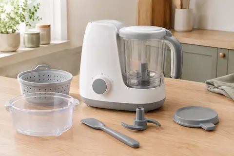 Robot cuiseur bébé blanc et gris avec bol, panier amovible et accessoires sur un plan de travail clair