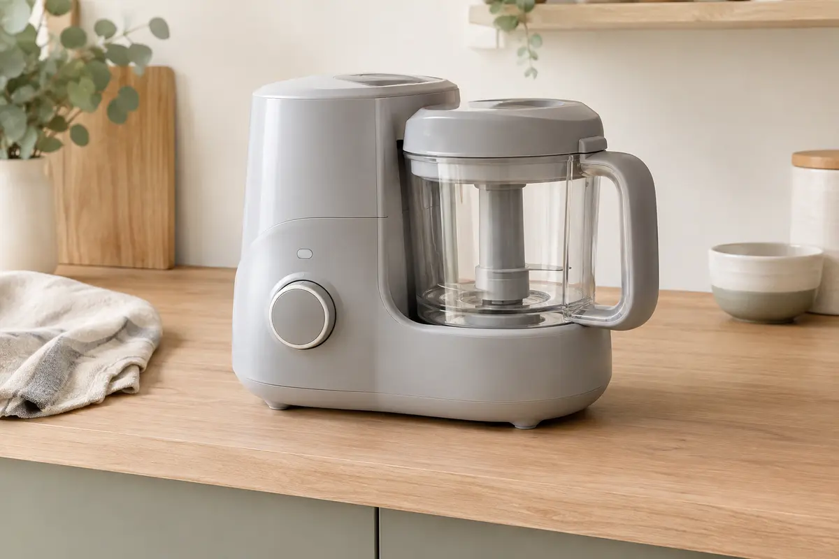 Robot cuiseur-mixeur bébé gris Béaba Babycook Solo posé seul sur un plan de travail clair.