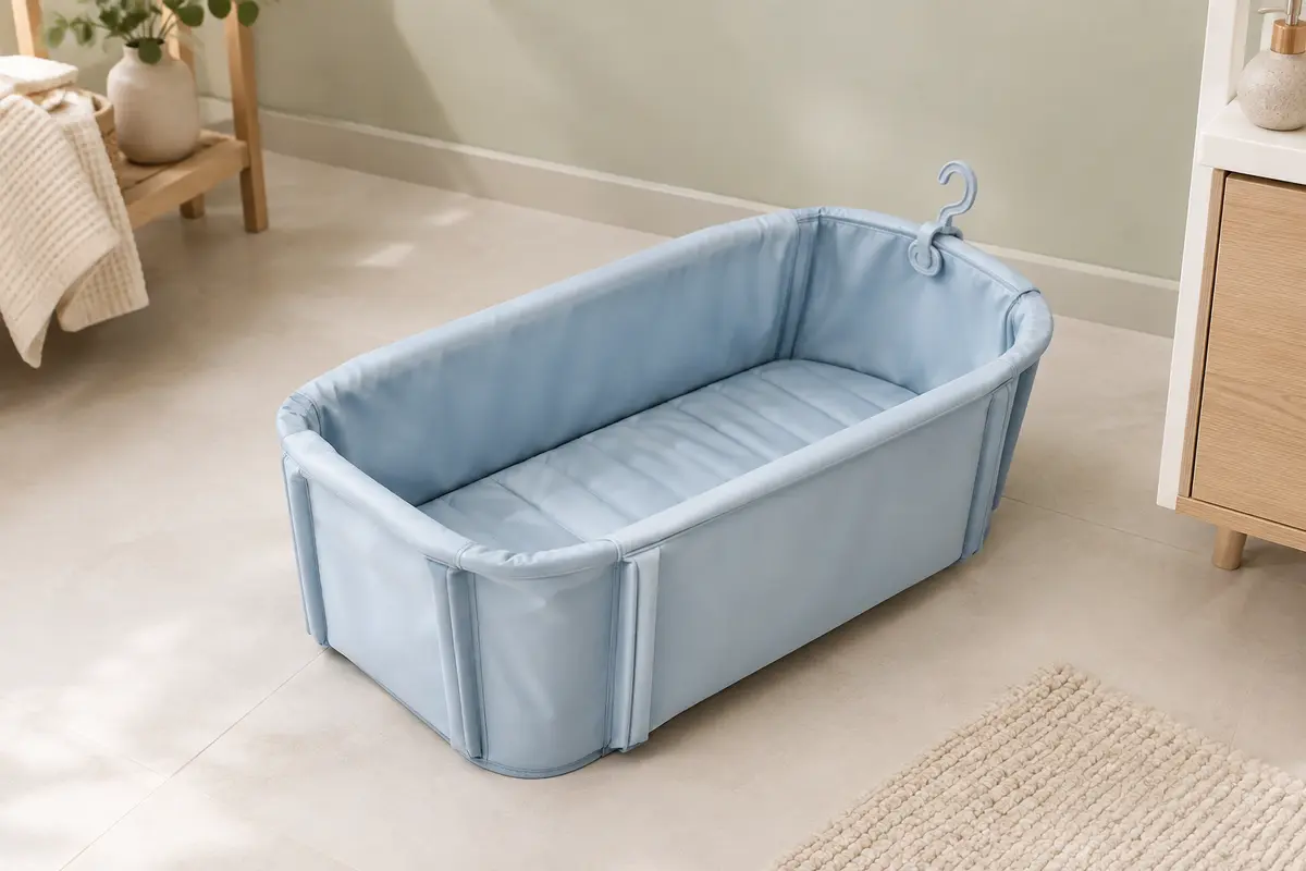 Baignoire pliable bébé Béaba bleue, dépliée dans une salle de bain lumineuse au décor sobre.