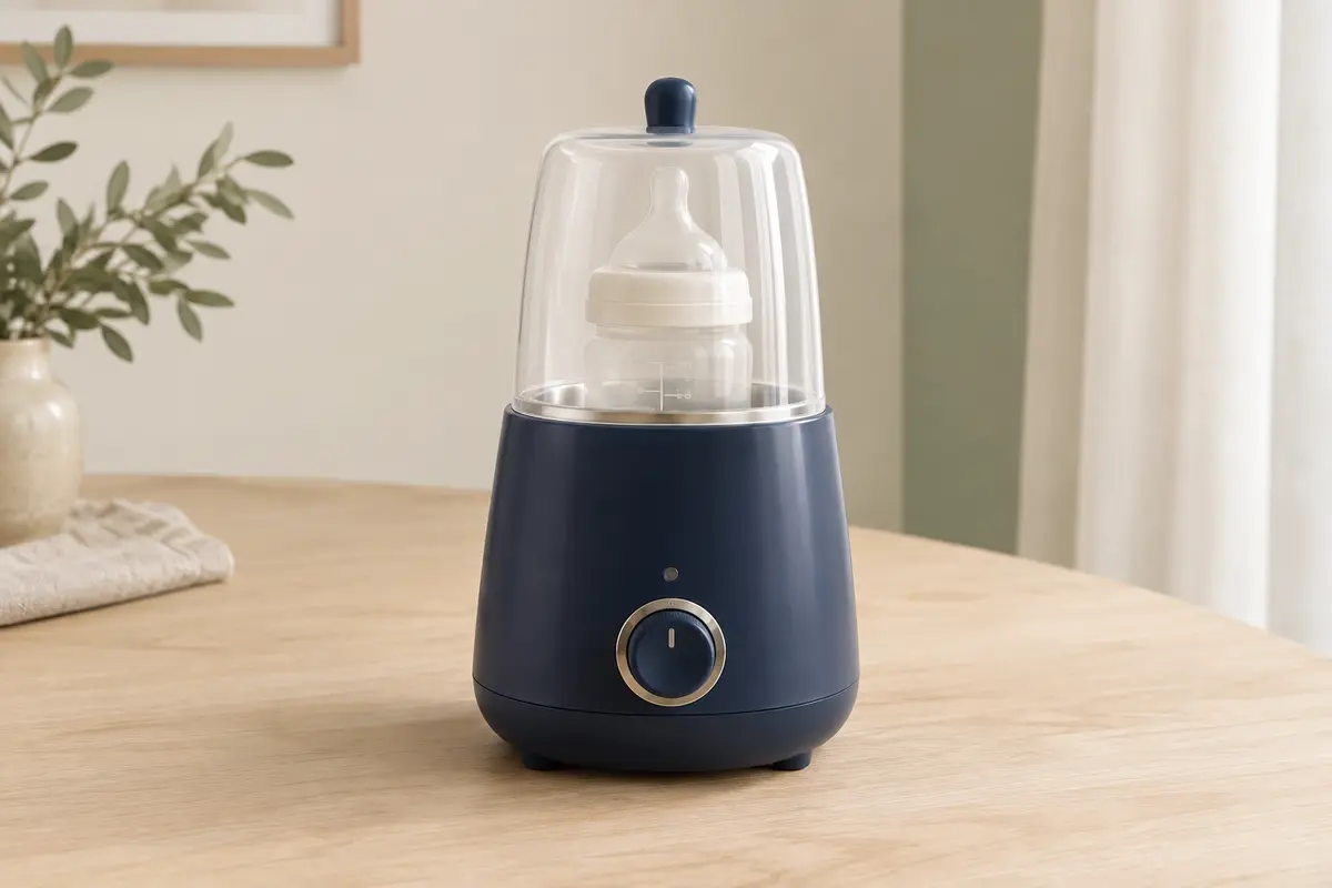 Chauffe-biberon compact bleu nuit à cloche fermée posé sur un plan de travail en bois clair