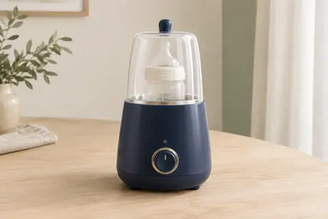 Chauffe-biberon compact bleu nuit à cloche fermée posé sur un plan de travail en bois clair